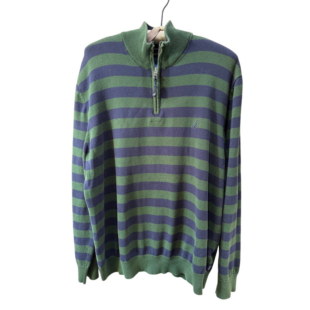 Nautica Mens Mock Collar Quarter Zip Cotton Pullover Sweater Green Blue Size XXL